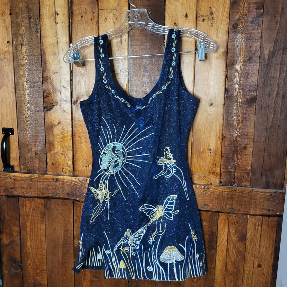 Blue Embroidered Floral Fairy Magic Sparkle Mini Mushroom Fairycore Dress XS / S